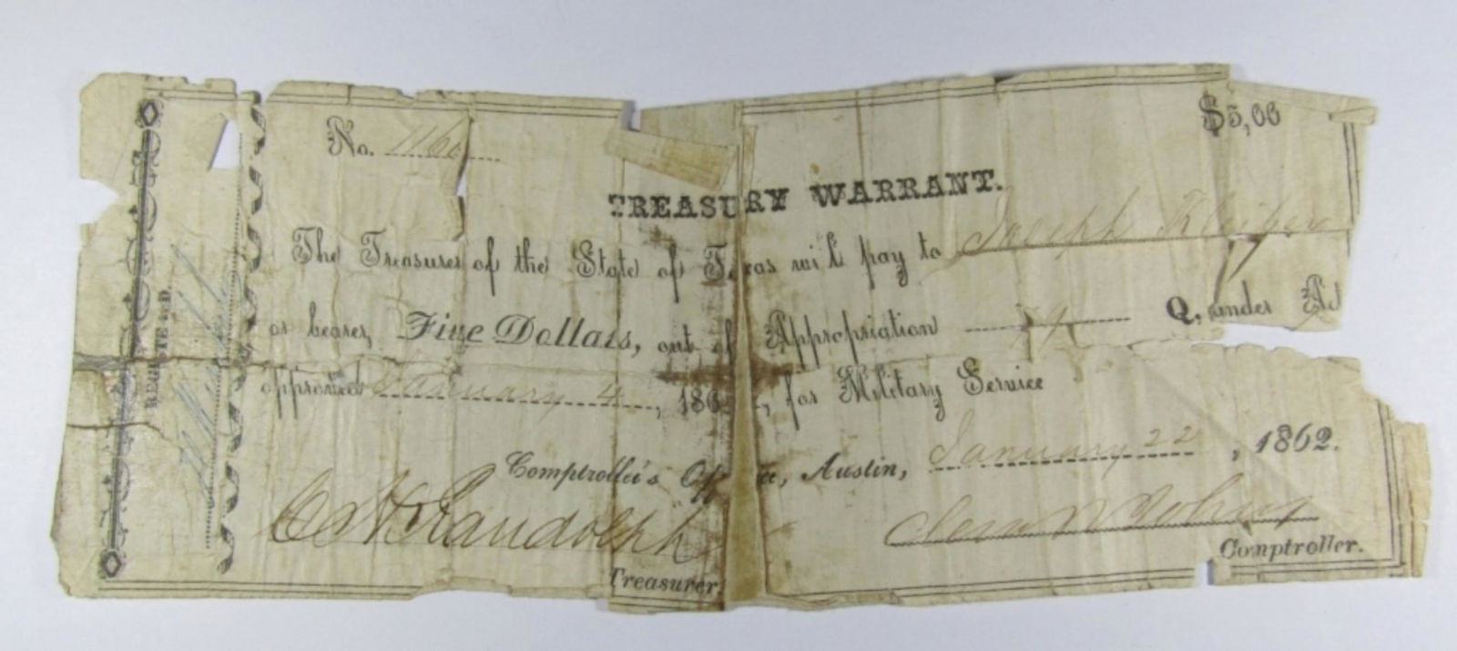 TEXAS TREASURY WARRANT 1862 (1 of 2)