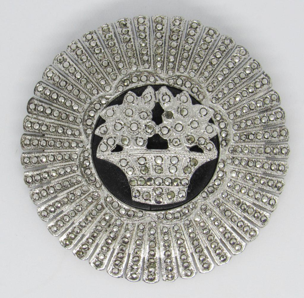 STERLING VINTAGE MARCASITE PIN: STERLING SILVER VINTAGE PIN WITH MARCASITE AND FLOWER POT DESIGN (12 DWT)