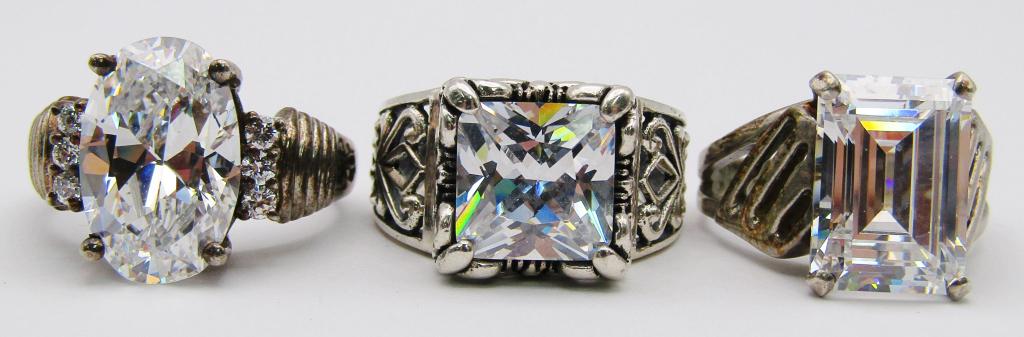 (3) LARGE CZ STERLING RINGS - SPARKLE! (1 of 8)