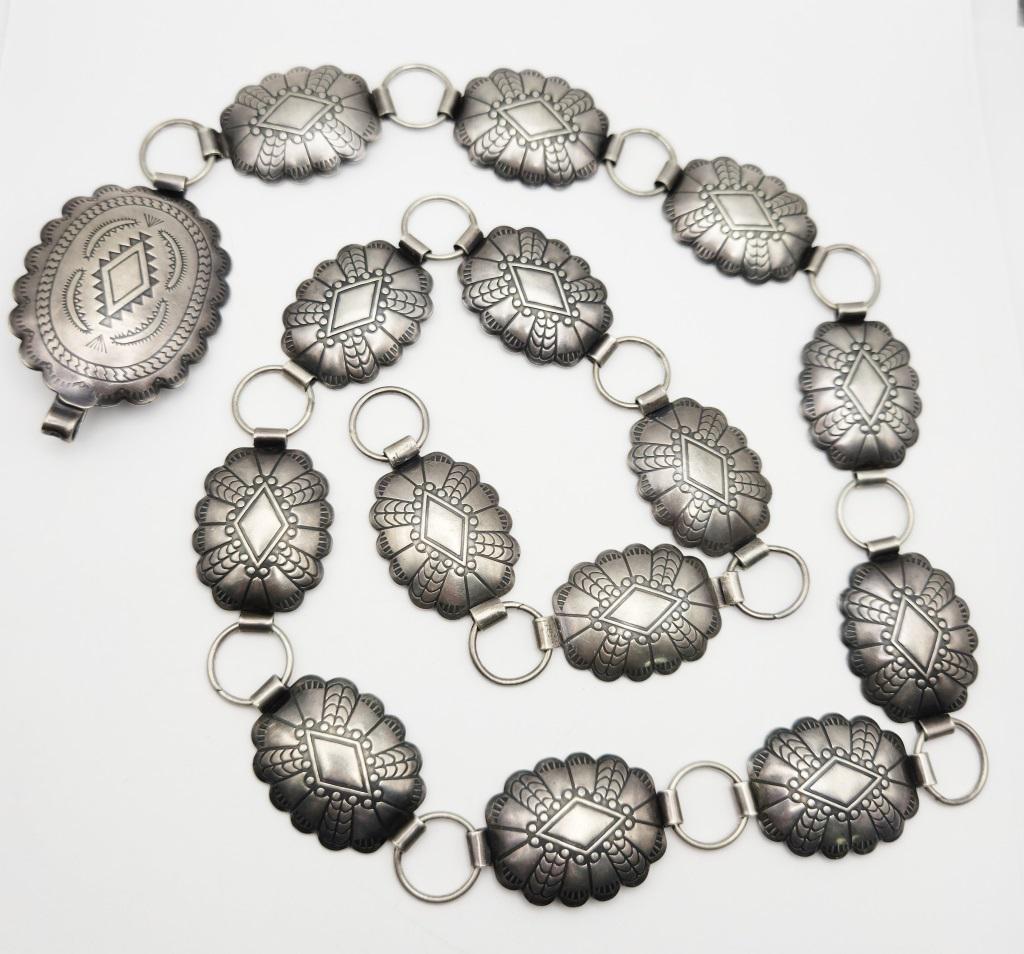 32 INCH STERLING CONCHO BELT: WITH ENGRAVED DESIGN-TOTAL 74 DWT