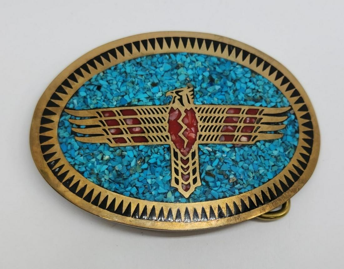 SOUTHWESTERN GOLD TONED MEN'S THUNDERBIRD: BELT BUCKLE WITH CHIPPED TURQUOISE AND RED CORAL INLAY DESIGN