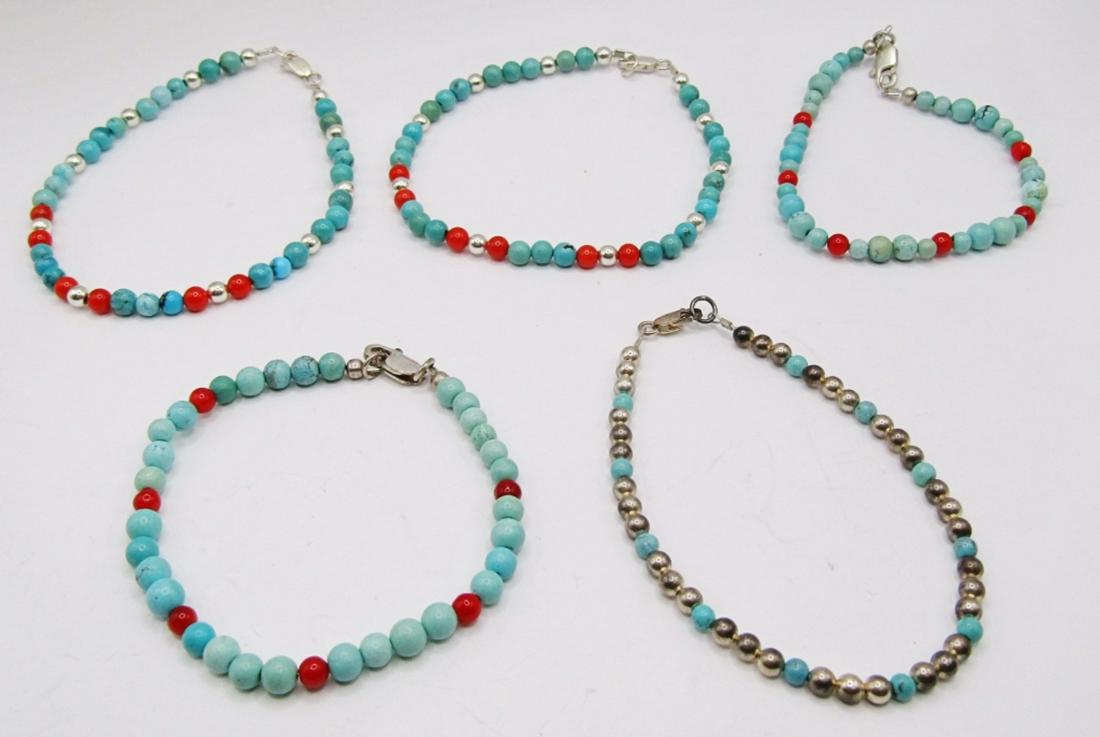 6-SOUTHWESTERN BEADED BRACELETS WITH 925: TURQUOISE & RED JASPER BEAD ACCENTS-TOTAL 17 DWT