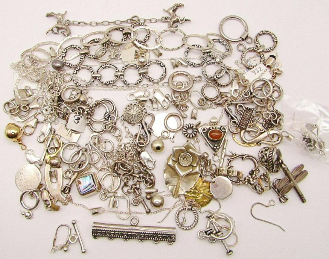 JEWELRY MAKING LOT: LARGE LOT OF STERLING: CLASPS-LINKS-CHARMS-TASSLES-TOTAL 120 DWT