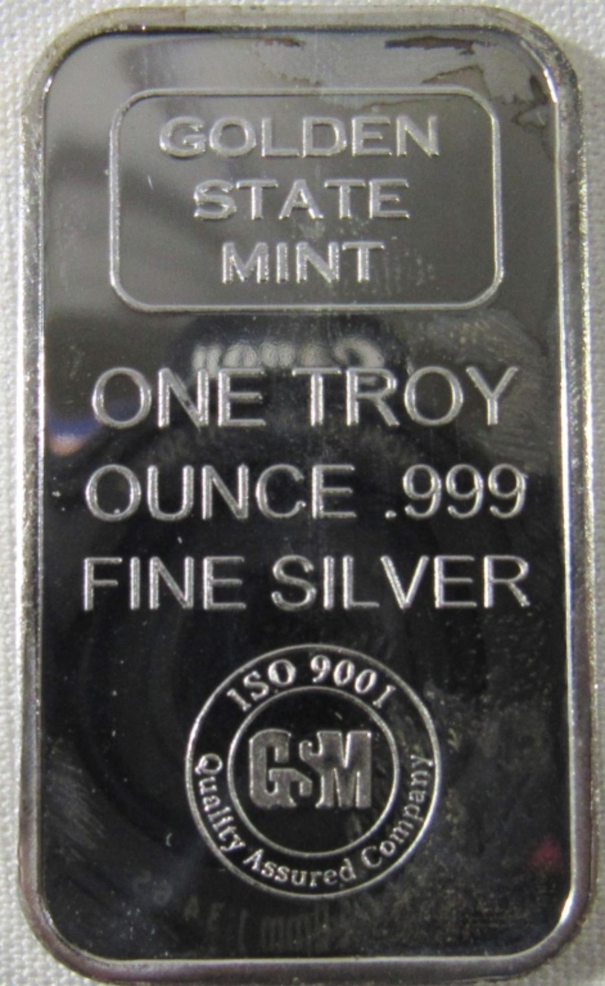 GOLDEN STATE MINT 1ozt .999 SILVER BAR: ONE TROY OUNCE FINE SILVER
