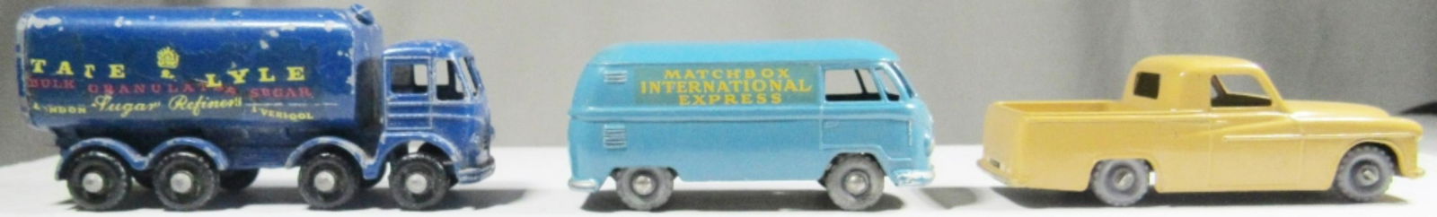 (3) LESNEY MATCHBOX #34 VOLKSWAGON: MATCHBOX INTERNATIONAL EXPRESS, #10 TATE & LYLE SURGAR TRUCK, #50 TAN PICK-UP , ALL NICE CONDITION
