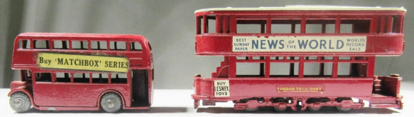 (2) LESNEY MATCHBOX DOUBLE DECKER BUSES: #3 NEWS OF THE WORLD & "BUY MATCHBOX SERIES"