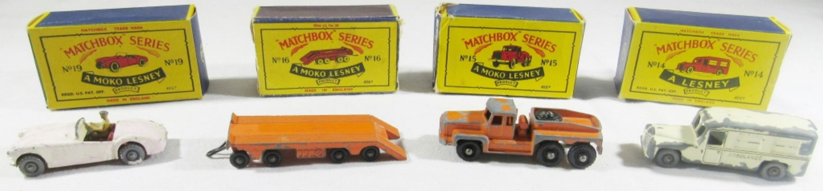 (4) MATCHBOX A MOKO LESNEY CAR/TRUCK: #14 AMBULANCE, #15 ATLANTIC PRIME MOVER, #16 TRAILER, #19 MG "A" SPORTS CAR - ALL ORIGINAL BOXES (1) no lid