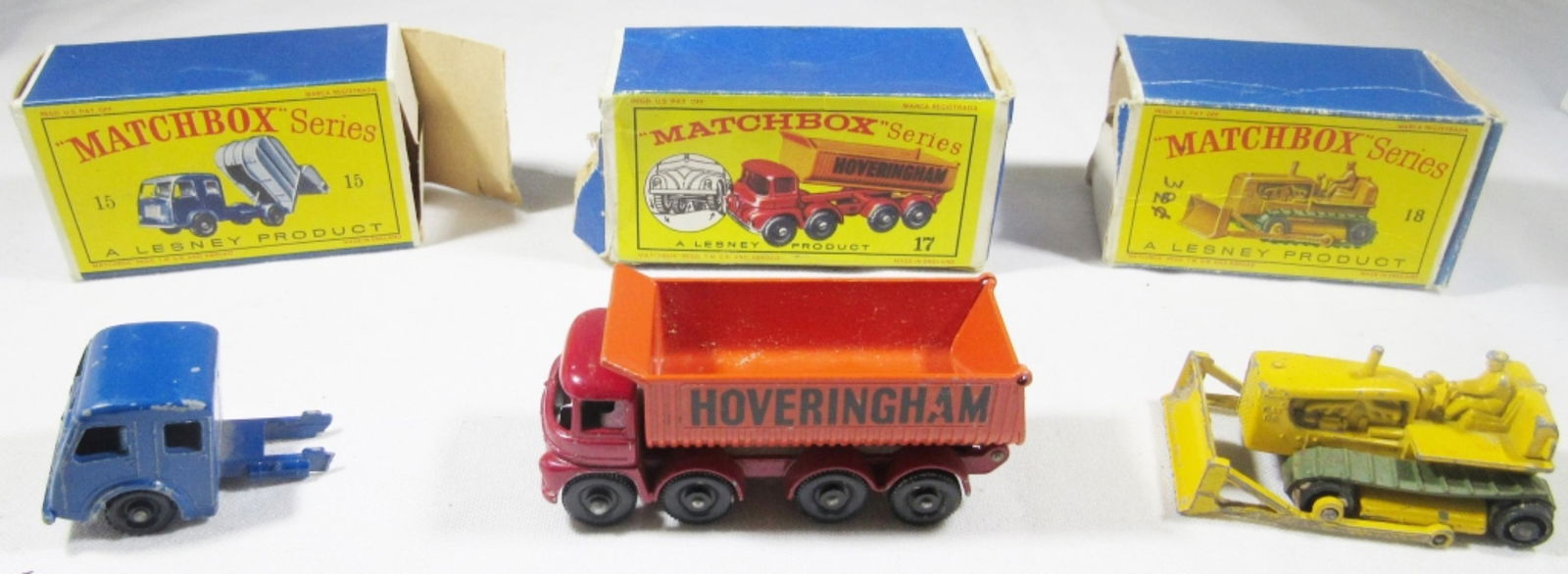 (3) MATCHBOX SERIES LESNEY CAR/TRUCK: #15 REFUSE TRUCK, #17 8-WHEEL TIPPER, #18 CATERPILLAR - ALL ORIGINAL BOXES - (2) missing lids
