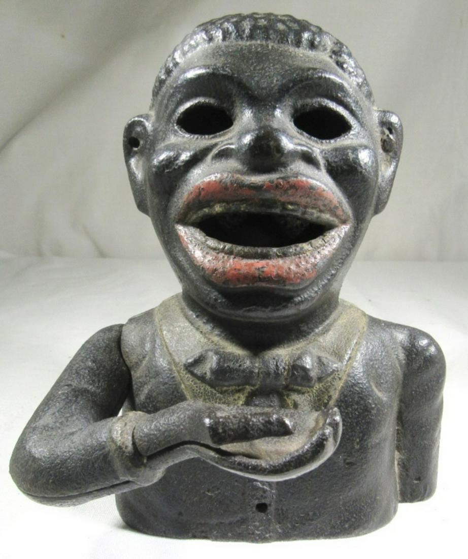 BLACK AMERICANA JOLLY N MAN BANK: CAST IRON BANK ARM DEPOSITS COIN IN MOUTH - SHEPARD HARDWARE CO BUFFALO NY on BOTTOM - WORKING CONDITION