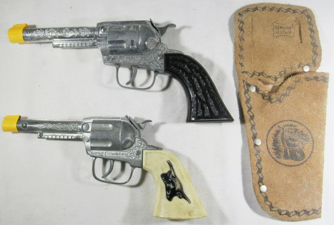 (2) VINTAGE CAP GUNS - HUBLEY w/LEATHER HOLSTER: (1) PONY BOY 9 1/2" - BOTH WORKING CONDITION