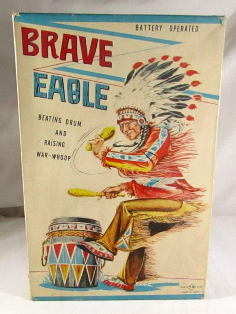 BRAVE EAGLE BEATING DRUM BATTERY OPERATED: LIKE NEW CONDITION - VINTAGE BATTERY OPERATED INDIAN CHIEF TOY - WORKING CONDITION - BOX HAS BEEN TAPED INSIDE