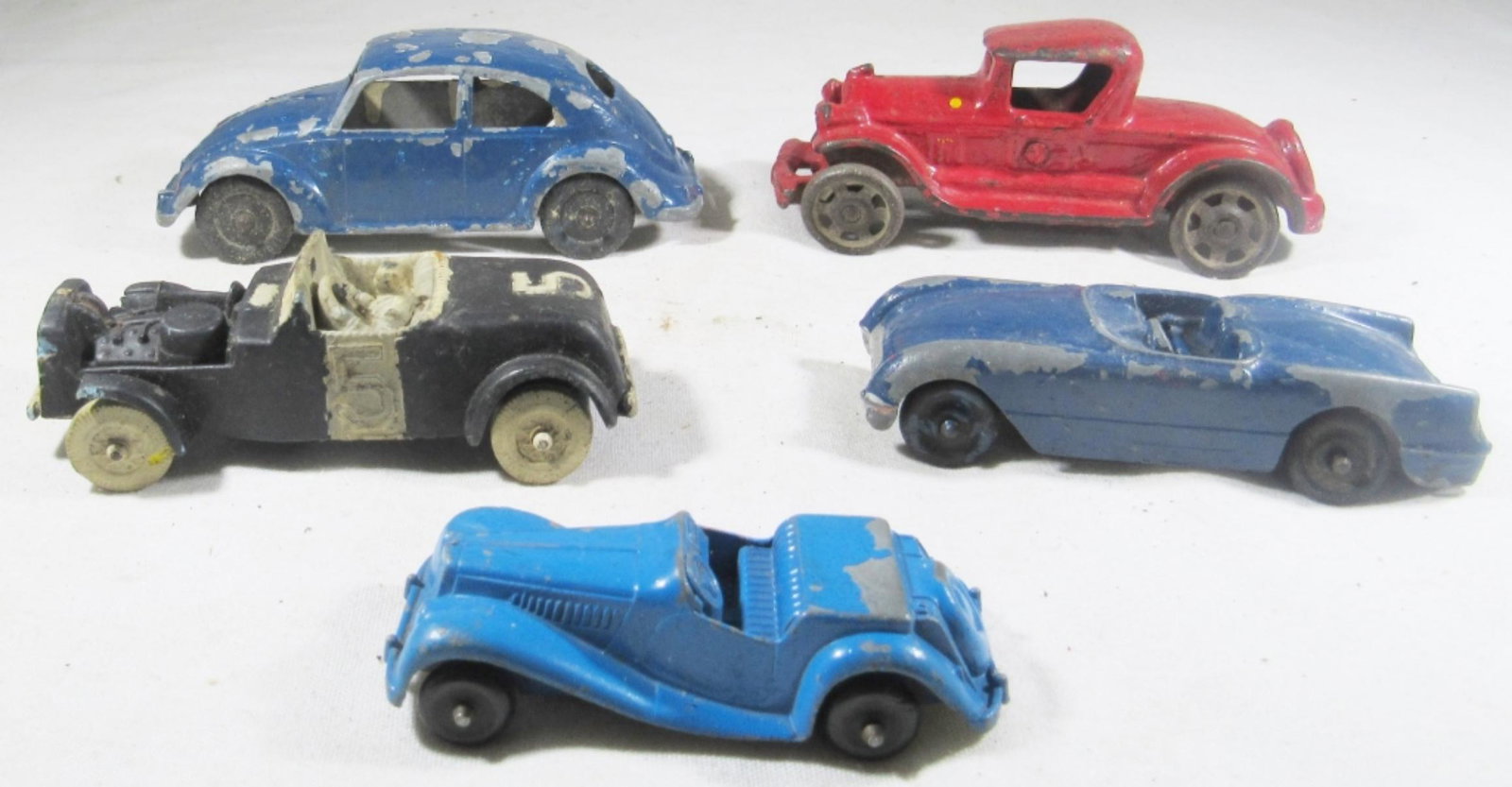 1930's CAST IRON CAR with METAL WHEELS;: RUBBER #5 RACE CAR; (3) TOOTSIETOY METAL CARS - NICE COLLECTORS LOT