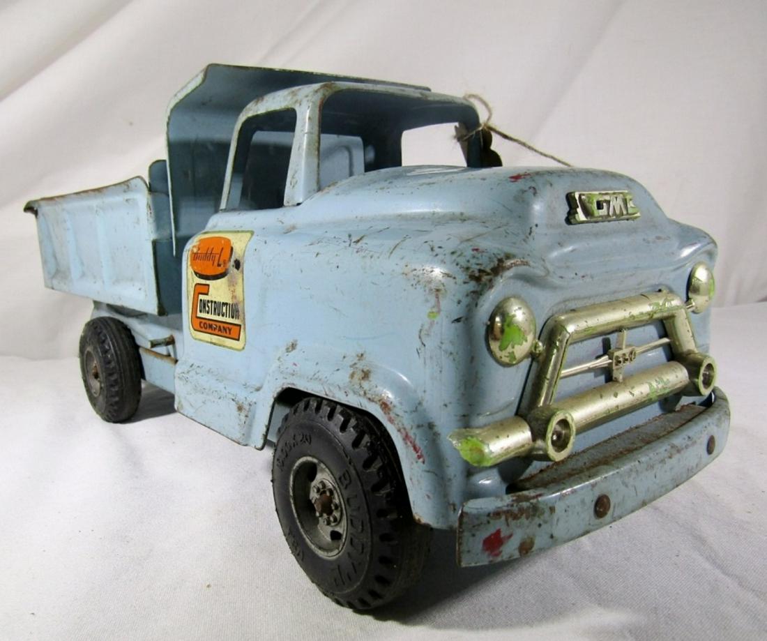 1950s BUDDY L CONSTRUCTION CO METAL TRUCK: LIFT BED WORKS LEVER HANDLE - SHOW WEAR BUT SOLID