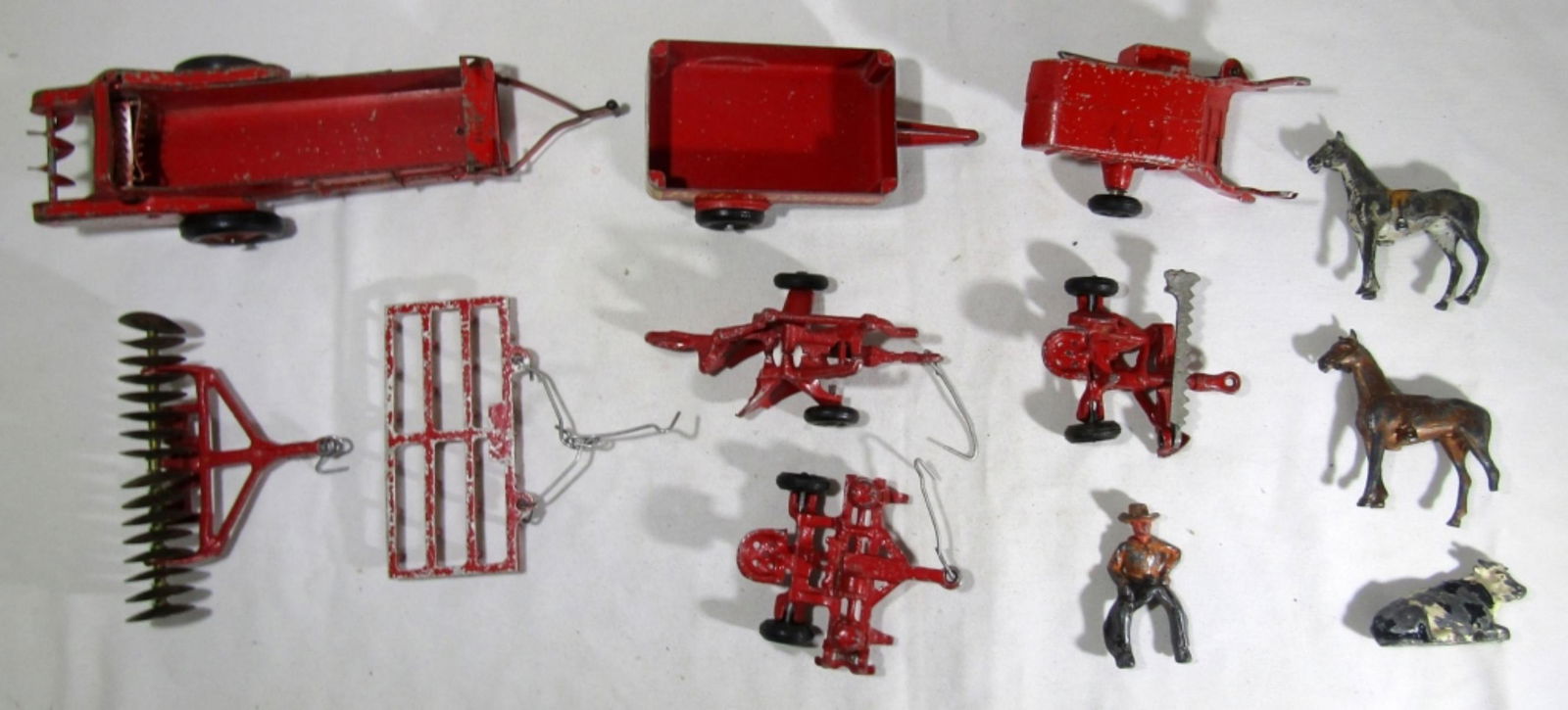(8) METAL TOY FARM IMPLEMENTS: VARIOUS BRANDS plus METAL HORSES & RIDER & COW
