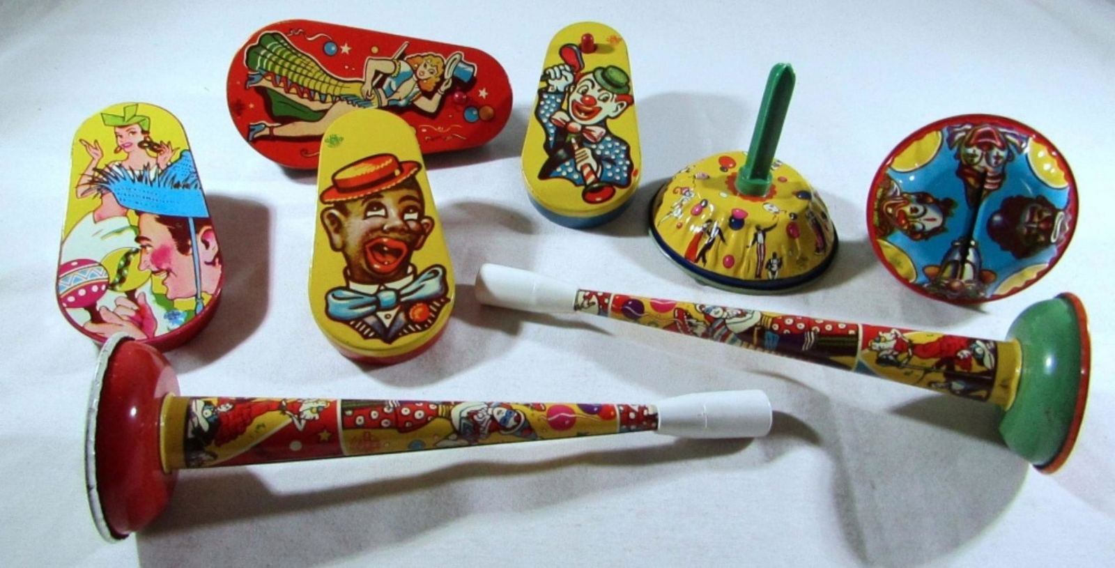 (8) TIN NOISE MAKERS by U.S. METAL TOY: ALL VERY NICE CONDITION