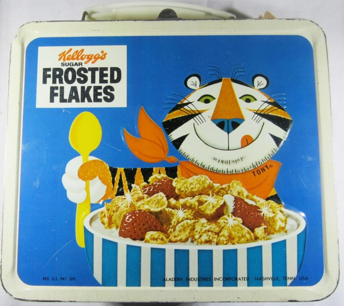 RARE 1960's ALADIN IND KELLOGG'S: CEREAL METAL LUNCHBOX WITH THERMOS - TONY THE TIGER - VERY NICE CONDITION