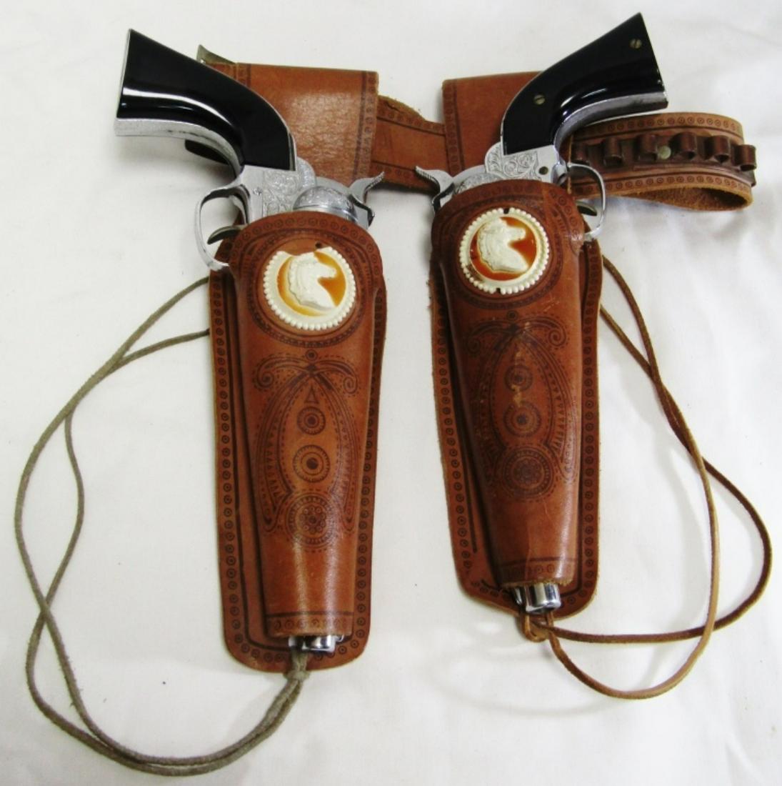 HUBLEY WESTERN CAP GUNS & HOLSTER SET: VINTAGE 11 1/2" LONG CAP GUNS in EXCELLENT WORKING CONDITION with LEATHER HOLSTER / BELT