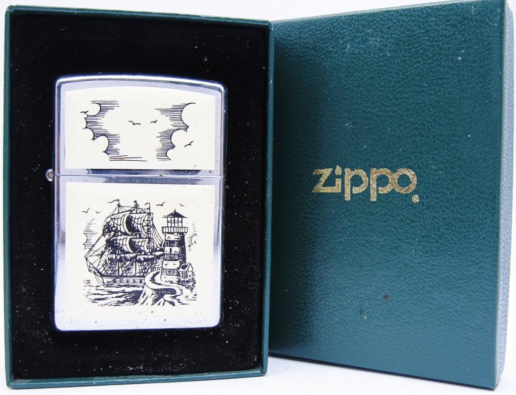 2002 Zippo Lighter Scrimshaw Ship & Lighthouse: Lighter - NEW IN BOX - SEALED!