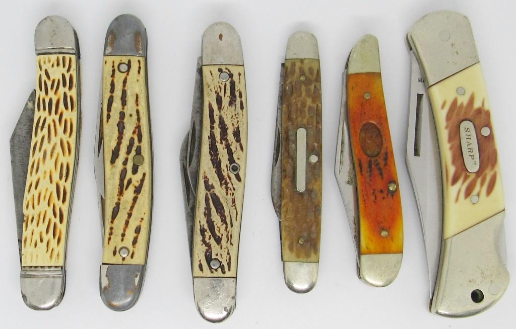 (6) POCKET KNIVES - VARIOUS BRANDS: STAG HANDLE