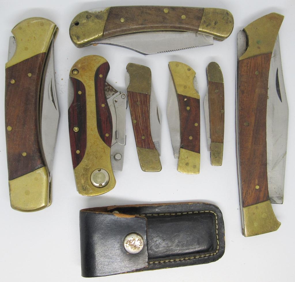 (8) WOOD HANDLE KNIFE LOT - PAKISTAN,: SHARP CUSTOM CRAFTED, LIL HOSS & MORE - ALL USED or BETTER