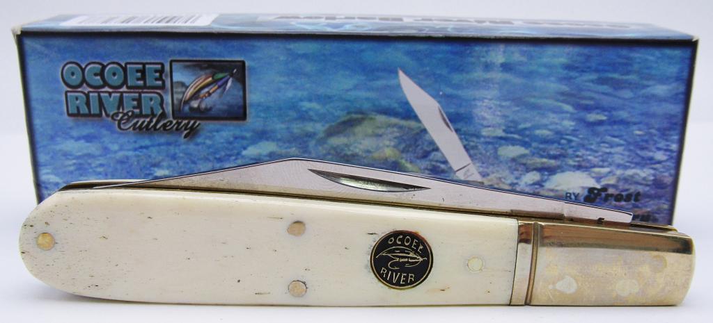 Ocoee River Single Blade Folding Pocket Knife: Barlow White Bone Handle; New and Unused In Box!