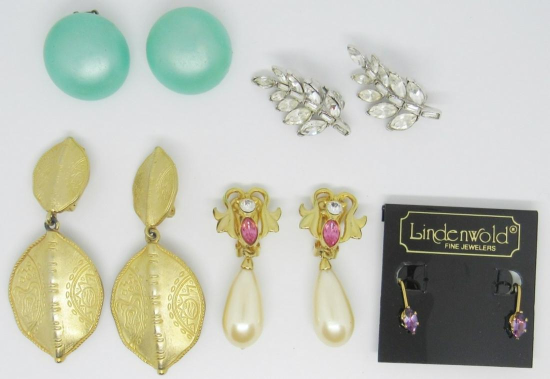 (5) PAIR CLIP-ON EARRINGS (1) TRIFARI CLEAR STONE: LEAF DESIGN, (1) LINDENWOLD PURPLE STONE plus (3) OTHER