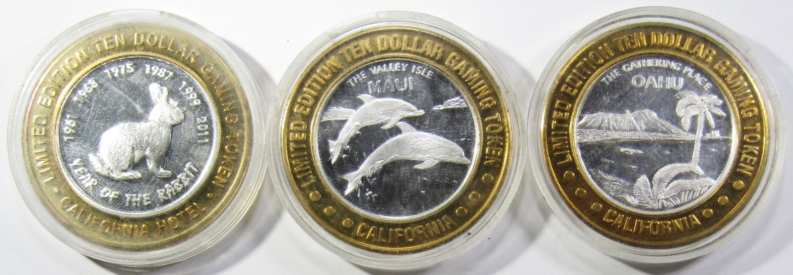 3- $10 GAMING CASINO TOKENS SILVER .999: CALIFORNIA HOTEL: MAUI THE VALLEY ISLE, OAHU THE GATHERING PLACE, & YEAR OF THE RABBIT ZODIAC