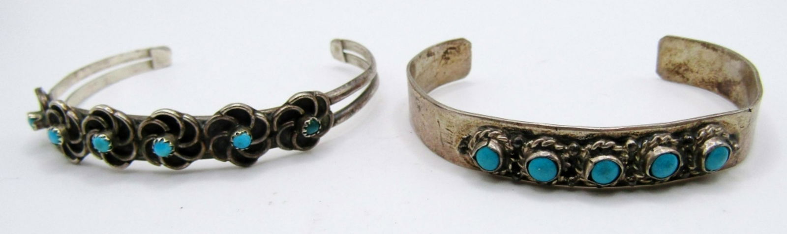 (2) Mexico Stamped 925 Childern Cuff Bracelets: 11 dwt, both have a turquoise stones in the design of the cuffs