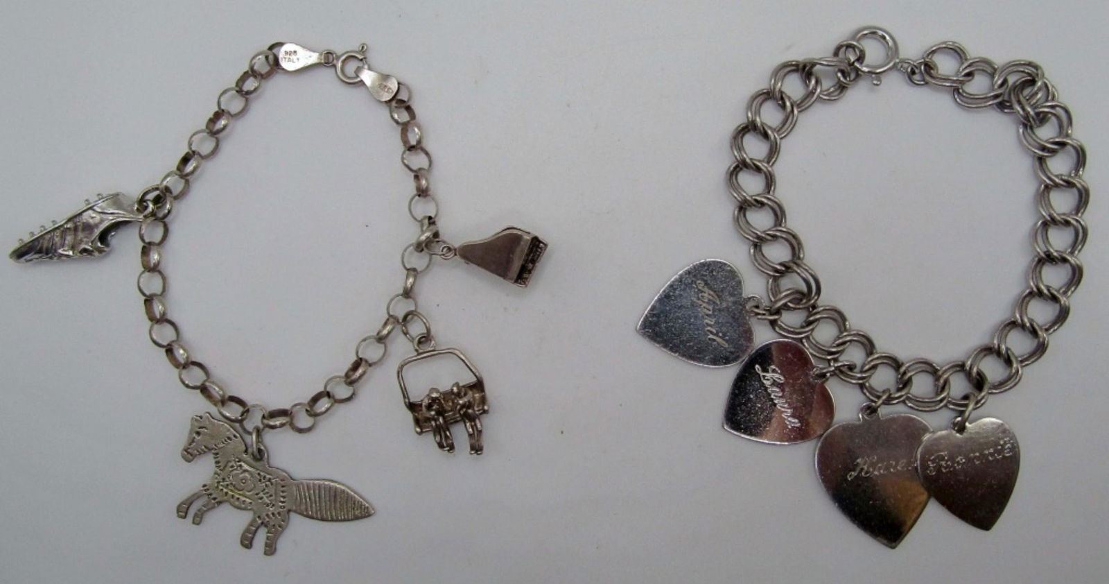 (2) Sterling Charm Bracelets: both are 7in in length, one has 4 heart charms with names on front and dates on the back all charms are marked sterling and bracelets as well, second charms are a cleat, a donkey, ski lift and a piano