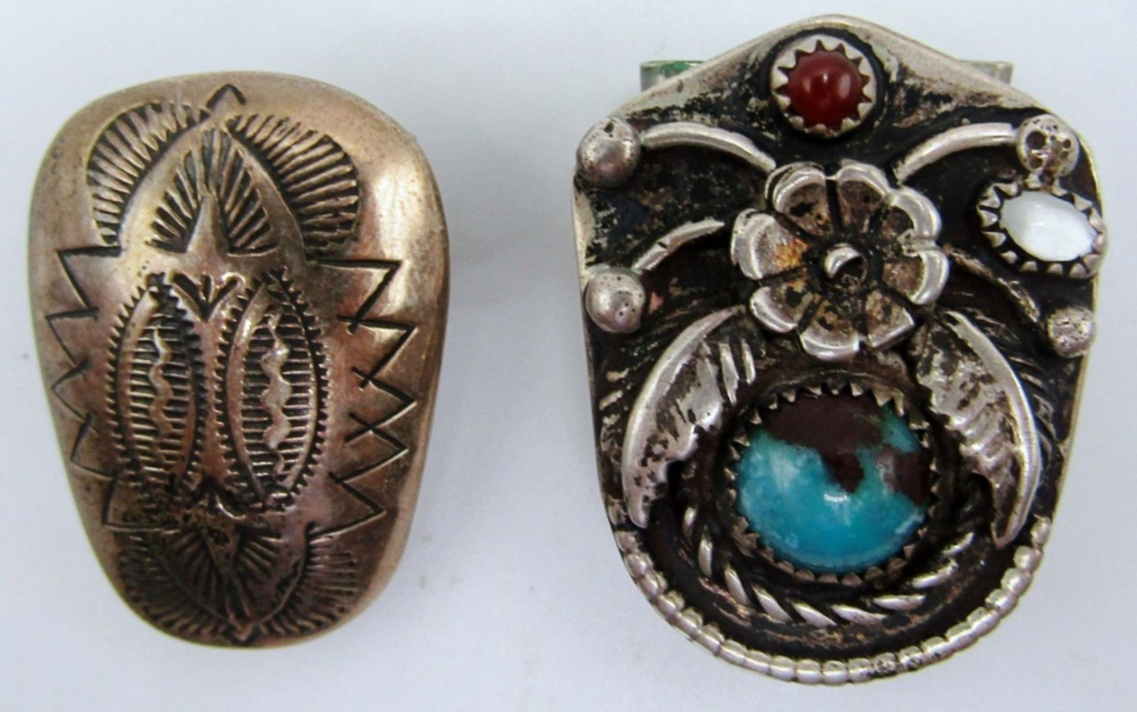 (2) Sterling Southwestern Scarf Clips: 16DWT, One with a design on front marked Sterling, Second has a flower design with natural stones among the design,marked Bennett pat pend C31