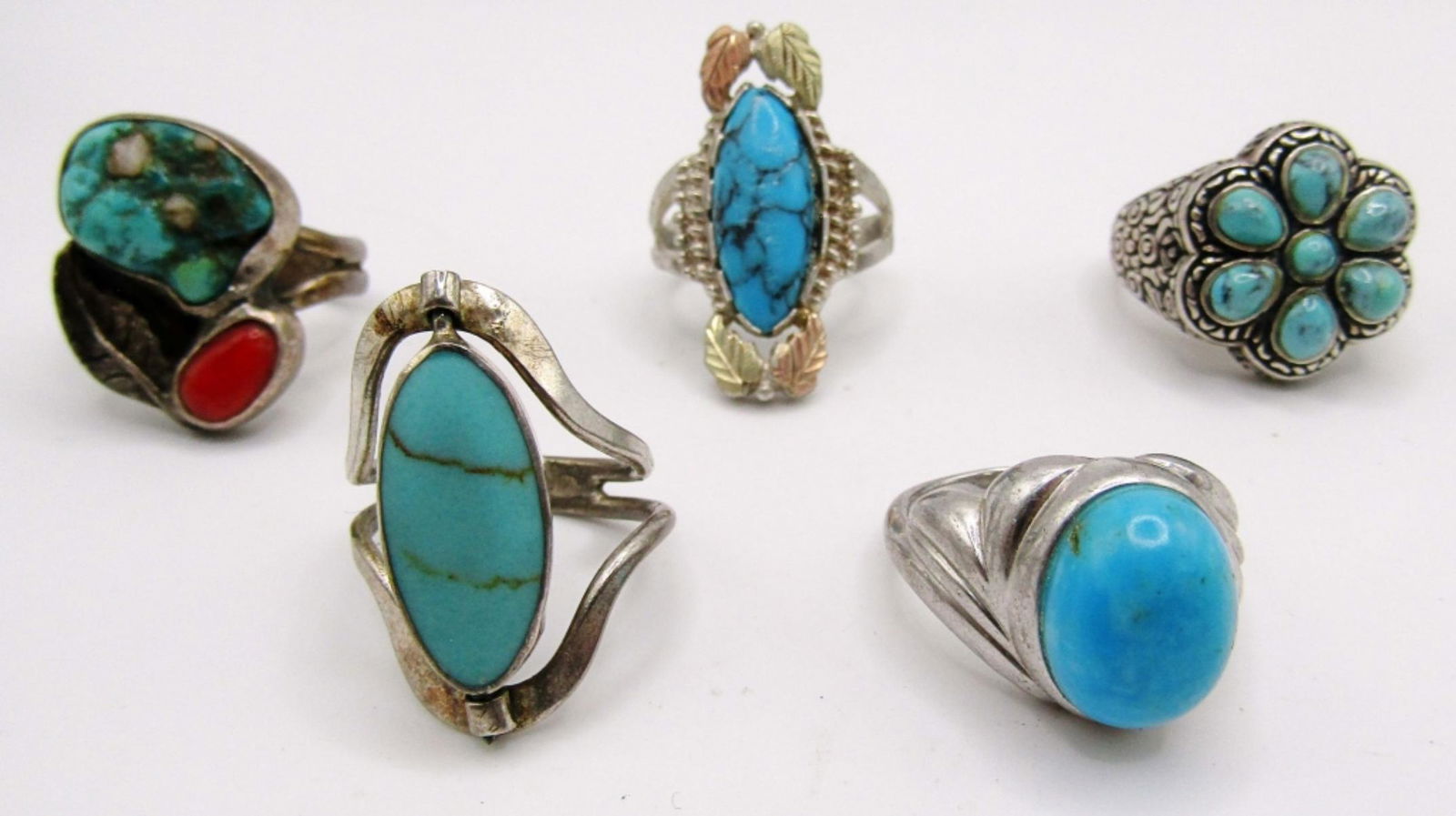(5) Turquoise Sterling Rings: 26dwt,sizes from6 -9, all marked 925, mix of styles, one ring you can turn the front to show a abalone inlay instead of the turquoise inlay