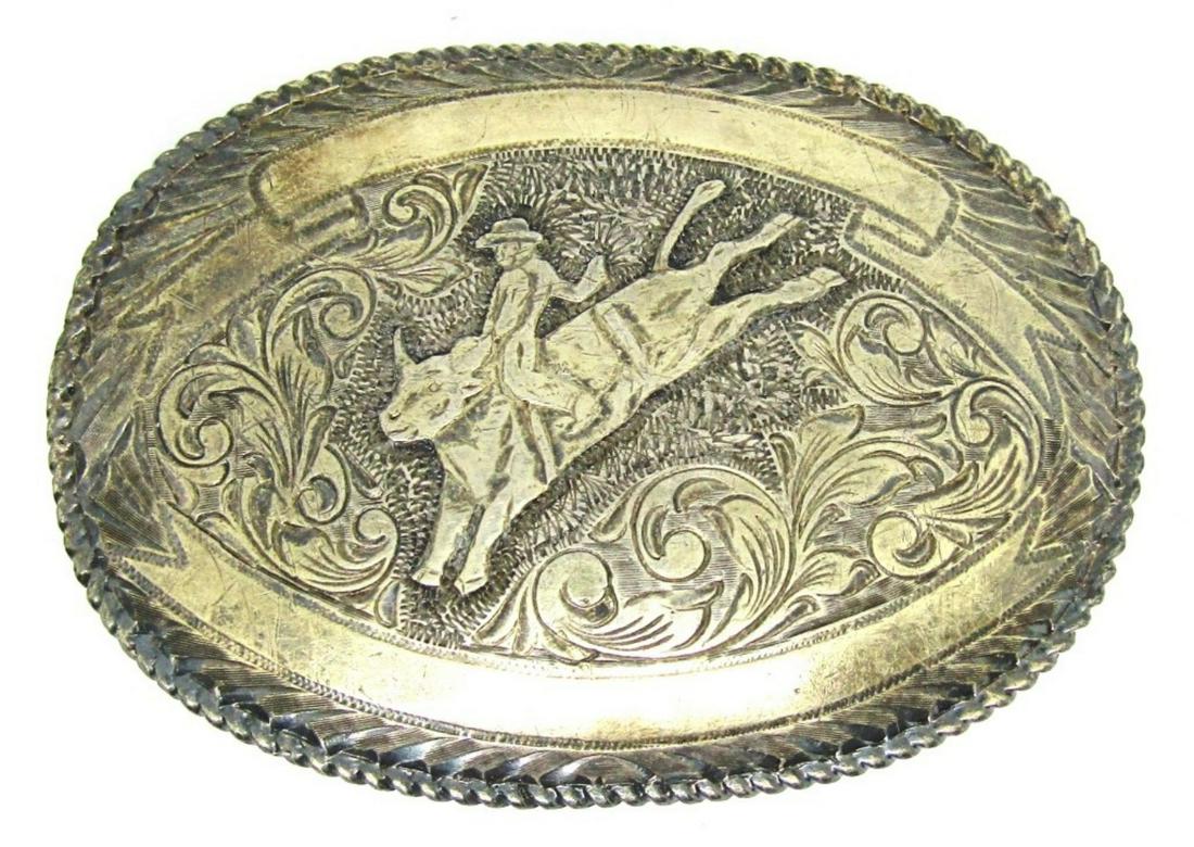 SAM CHARLES CRUMRINE JEWELERS SANTA ANA: CALIF 22K OVER 925 BULL RIDER BELT BUCKLE-TOTAL 44 DWT