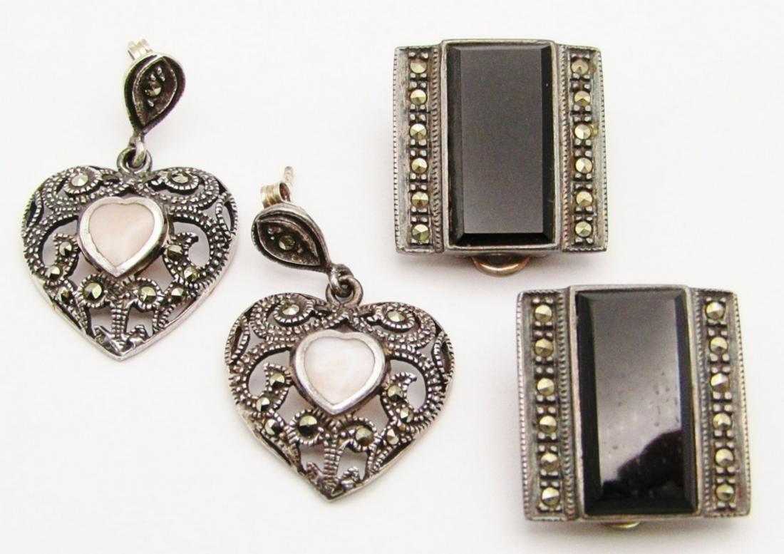 (2) PAIR MARCASITE STERLING EARRINGS: BLACK ONYX CLIP ON & HEART PIERCED EARRINGS