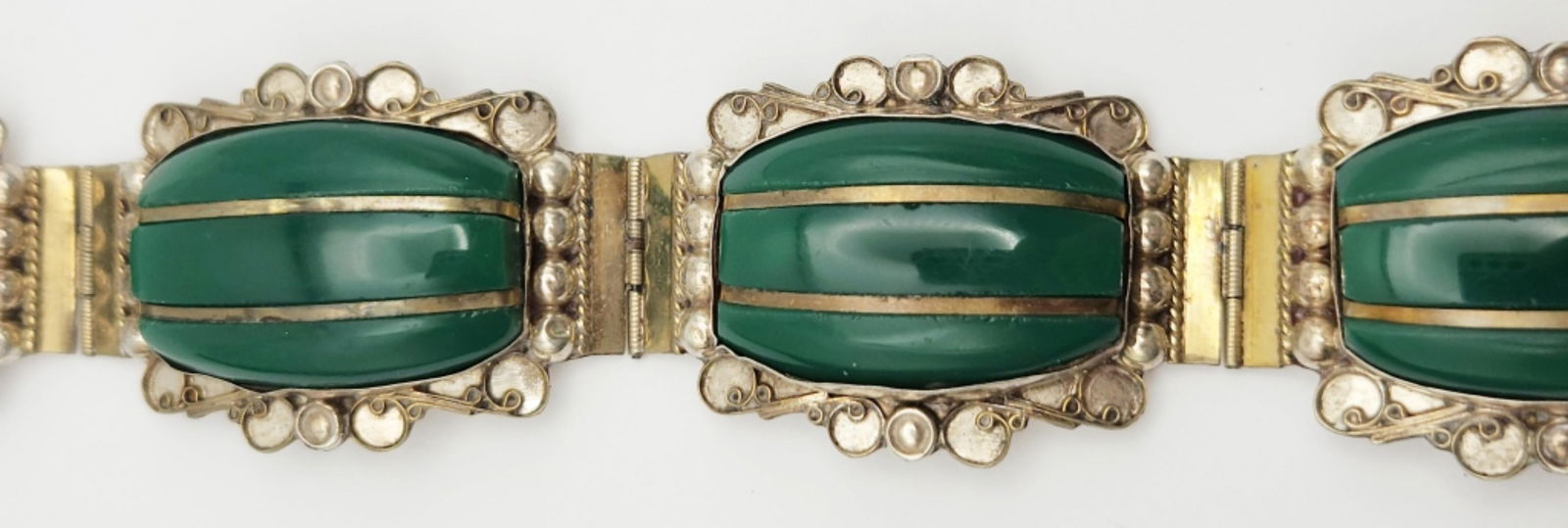 MEXICO STERLING PANEL CARVED GREEN MARBLE BRACELET (1 of 4)