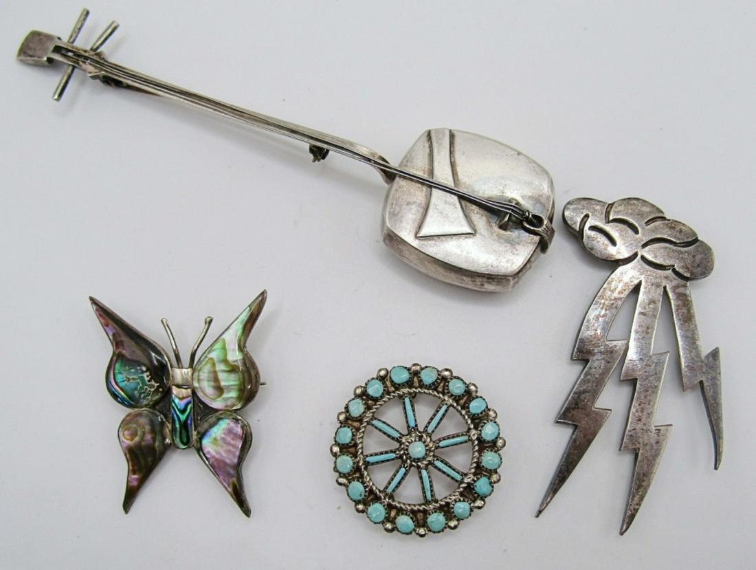 (5) Sterling Pins: 27dwt, Banjo 4in in length, Marked Sterling 950,Cloud and Lighting marked 925 mexico,turquoise round pin/pendent, Abalone Butterfly marked tz-0 and mexico
