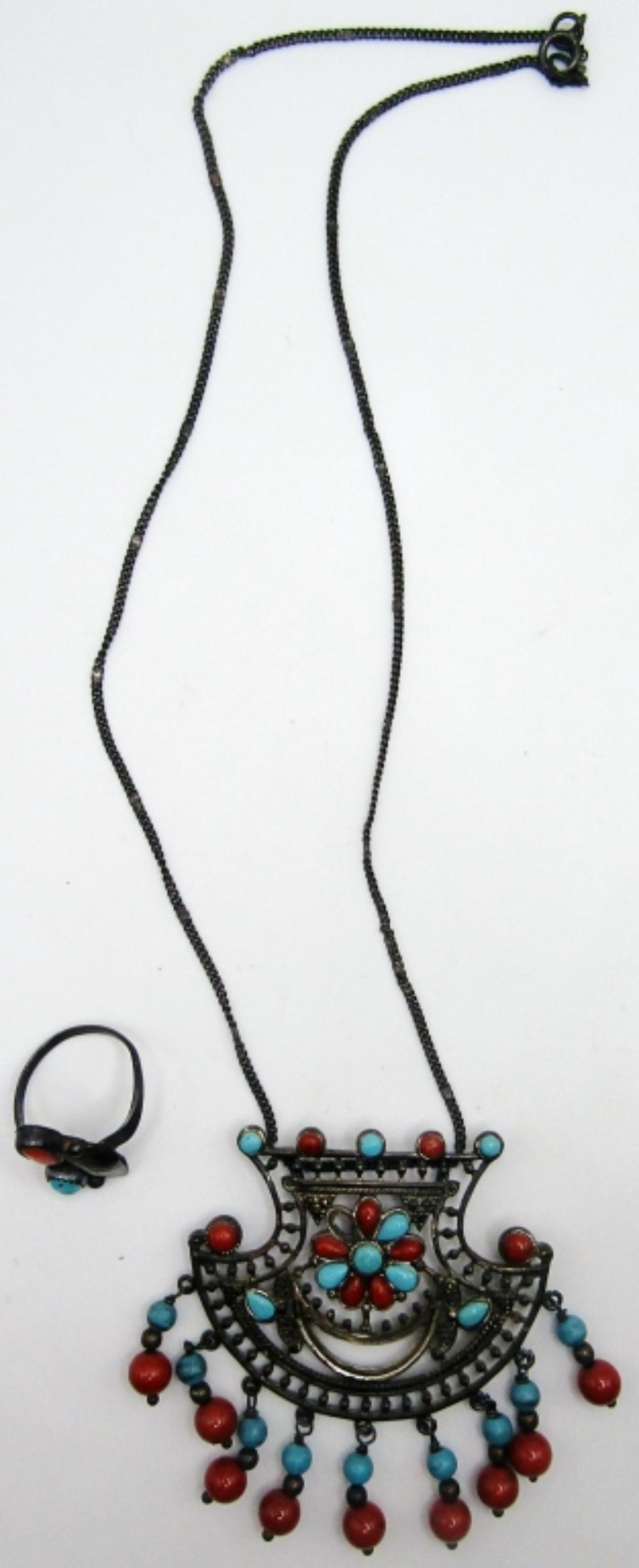 Southwestern Turquoise & Coral Necklace/Ring Set (1 of 6)