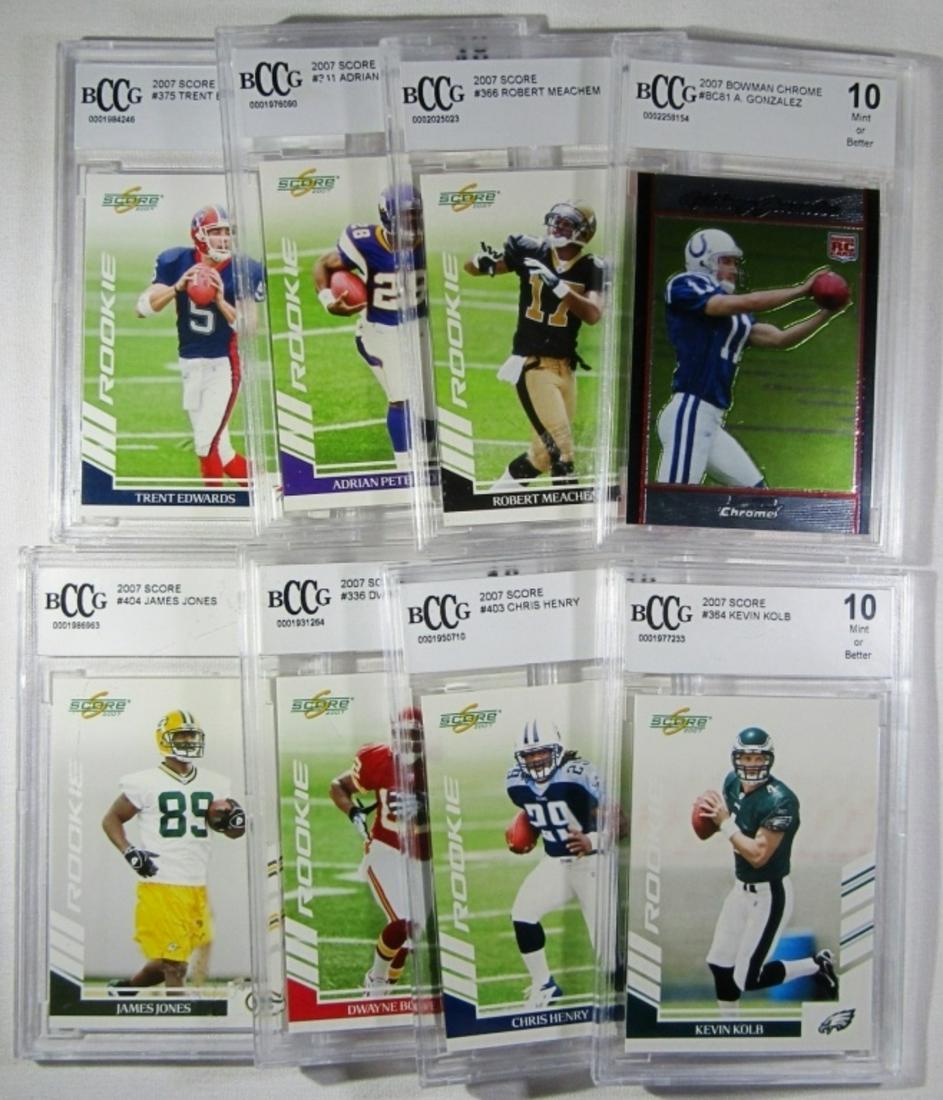 (8) BCCG 10 FOOTBALL ROOKIE CARDS: 2007 SCORE MEACHEM, PETERSON, EDWARDS, KOLB, HENRY, BOWE, JONES & BOWMAN CHROME GONZALEZ