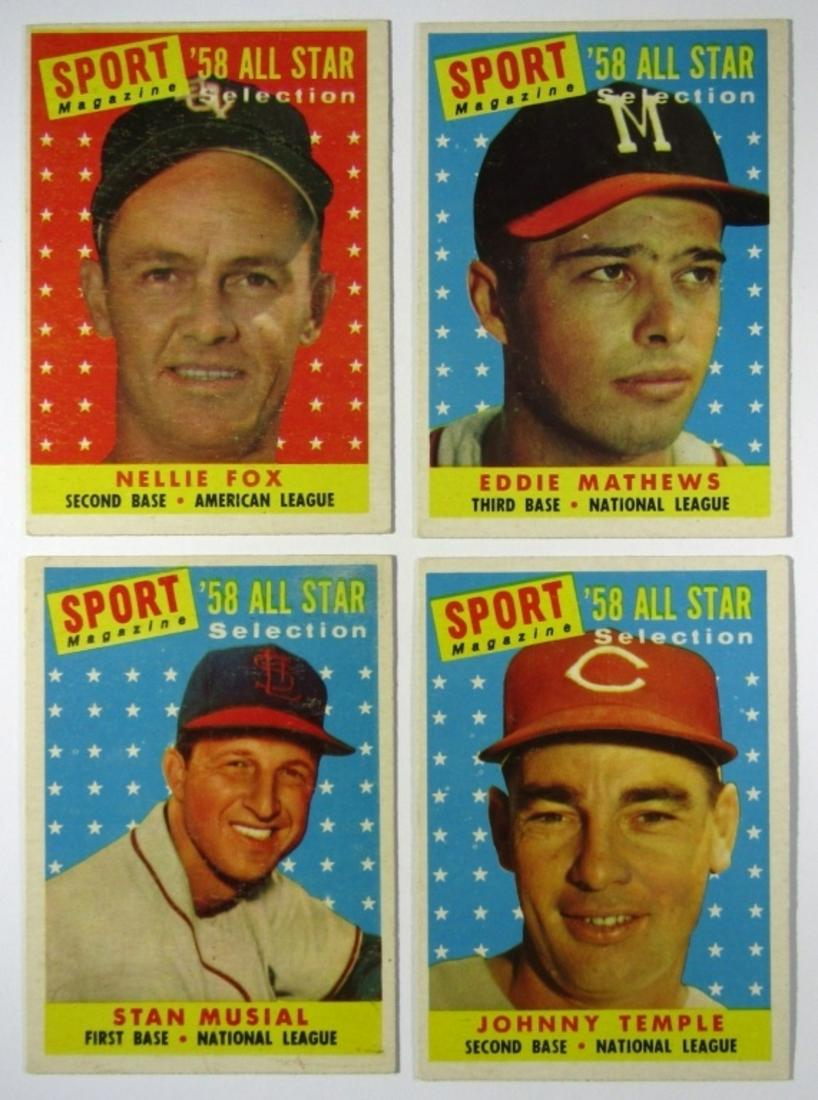 (4) 1958 TOPPS ALL STAR MATHEWS, FOX,: #478 TEMPLE EX, #476 MUSIAL EX, #480 MATHEWS EX, #479 FOX EX