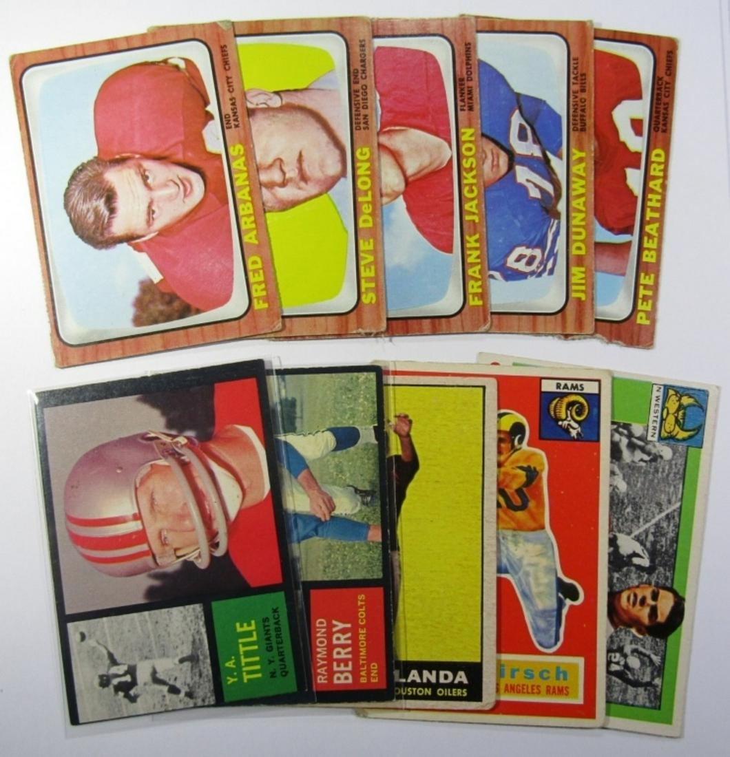 (10) VINTAGE TOPPS FOOTBALL CARDS 50s/60s: 55 TOPPS ALL-AMERICAN OTTO GRAHAM with Back Damage; 1956 TOPPS HIRSCH, 1961 TOPPS BLANDA, 1962 TOPPS TITTLE & BERRY, (5) 1966 TOPPS - OVERALL VG