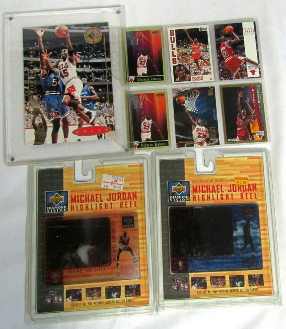 MICHAEL JORDAN COLLECTORS LOT: (2) 1997 UPPER DECKHIGHLIGHT REELS, 1995 SP 5x7 LIMITED #04432/7500, (6) JORDAN CARDS