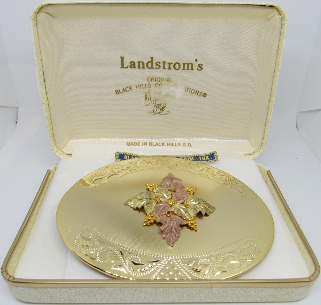 LANDSTROM BELT BUCKLE BLACK HILLS GOLD 10K GOLD TR: Landstrom's Ladies Belt Buckle, Black Hills Gold Leaves, 10K Gold Trim, In Box