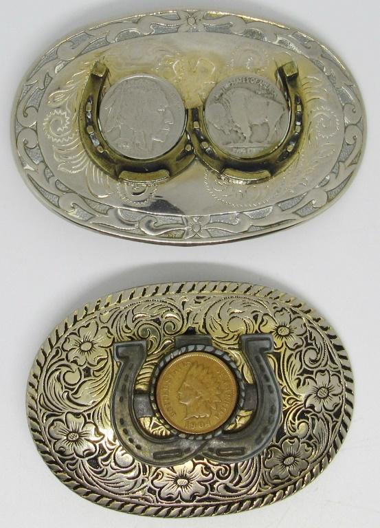 SET OF 2 VINTAGE BELT BUCKLES W/ COIN DESIGNS: Set of 2 Vintage Belt Buckles w/ Coin Designs, Indian Head Cent, Buffalo Nickel
