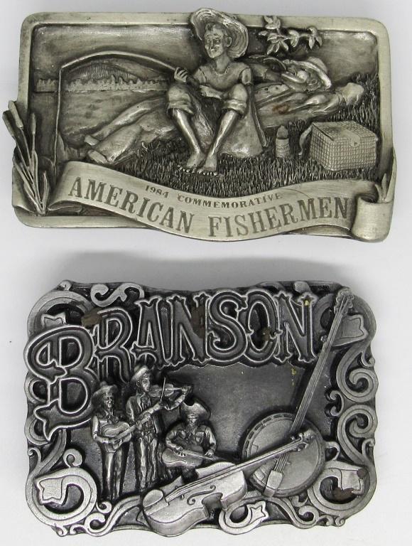SET OF 2 VINTAGE BELT BUCKLES W/ DESIGNS: Branson Missouri Banjo Fiddle / 1984 American Fishermen Commemorative Limited Edition Arroyo Grande