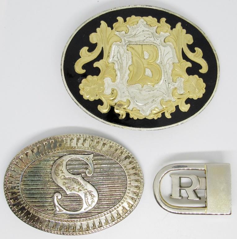 SET OF 3 VINTAGE BELT BUCKLES MONOGRAM LETTERS: Set of 3 Vintage Belt Buckles w/ Monogram Letter Designs