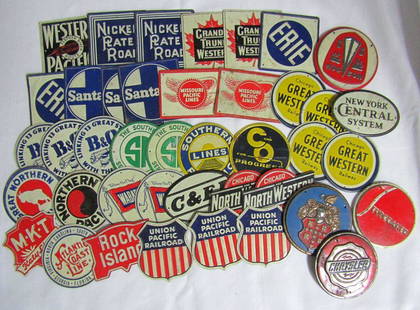 (42) METAL RAILROAD MINI VINTAGE SIGNS: NEW YORK CENTRAL SYSTEM, KATY LINES, ATLANTIC COAST LINE, ROCK ISLAND, UNION PACIFIC RAILROAD, NORTH WESTERN & MORE