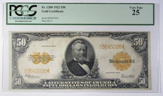 1922 $50 GOLD CERTIFICATE PCGS 25: Fr. 1200