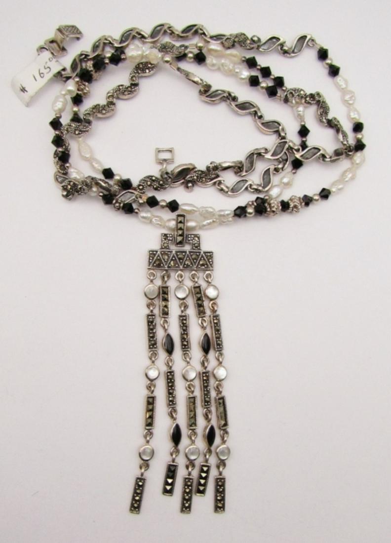 MARCASITE STERLING / PEARL / BEADED: NECKLACE with UNIQUE PENDANT - 34" LONG ( 33 DWT)