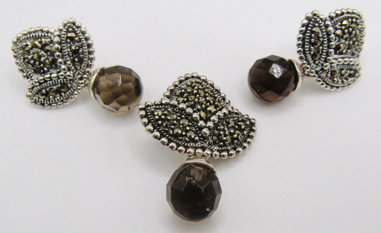 Sterling Marcasite Pendent w/Brown stone: Dangly Bead Charm with matching pair of pierched earrings,6DWT