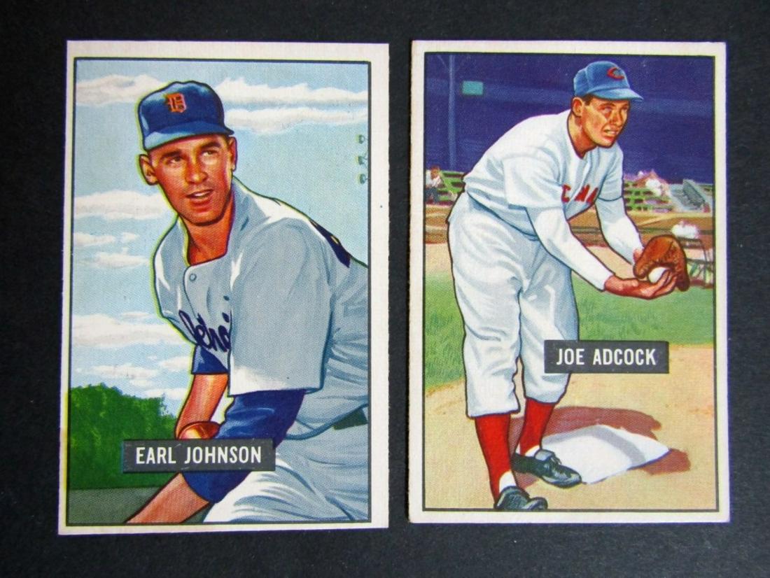 (2) 1951 BOWMAN #321 JOHNSON & #323 ADCOCK (R): NM light stain on corner & EX ROOKIE