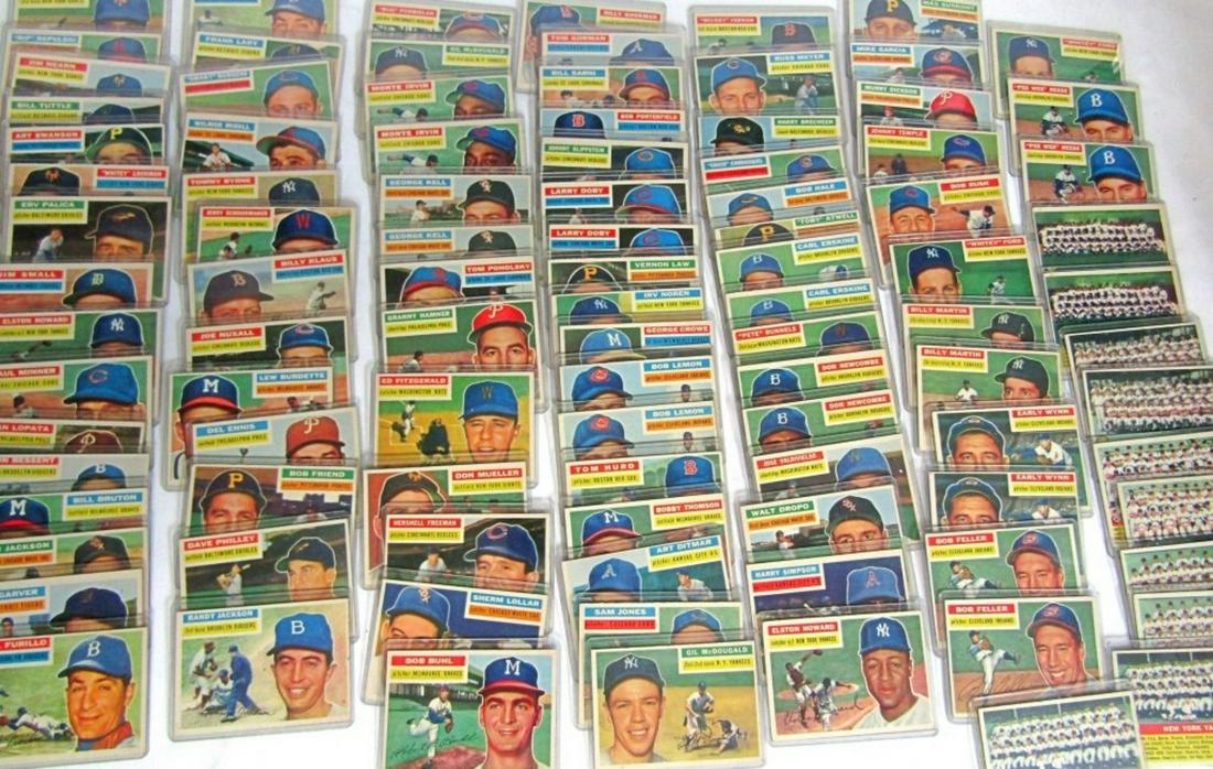 (98) 1956 TOPPS BASEBALL CARDS with STARS!: (2) #181 BILLY MARTIN, (2) #187 EARLY WYNN, (2) #200 BOB FELLER, #240 WHITEY FORD, (2) #260 PEE WEE REESE, (2) #188 WHITE SOX, (2) #213 TIGERS, (2) #226 GIANTS, (2) #236 ATHLETICS, (2) #251 YANKEES, P